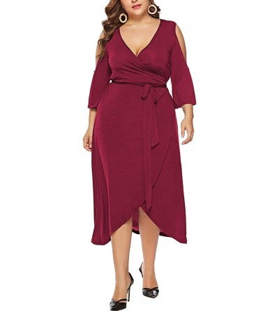 Nightgowns & Sleepshirts Womens Leopard Printed Wrap Dress Plus Size Short Sleeve Dresses - Red-106 - CA19CM8QW69 $82.94