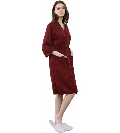 Robes Soft Waffle Men Women Bathrobe Autumn Long Robe Sleepwear Pajamas Kimono - Burgundy - CB18IESGTNY $48.57