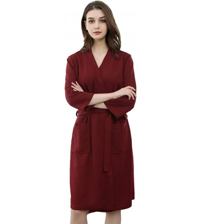 Robes Soft Waffle Men Women Bathrobe Autumn Long Robe Sleepwear Pajamas Kimono - Burgundy - CB18IESGTNY $19.19