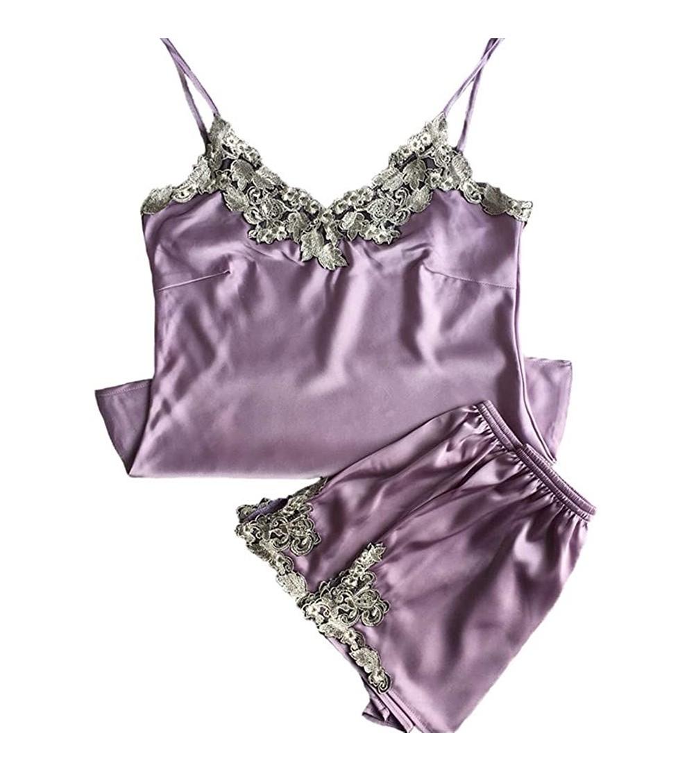 Sets Women's Silk Sleepwear Sexy Lace V-Neck Pyjama Short Sets Two-Pieces(P000005) - Purple - CW18H4EQLWY $11.47