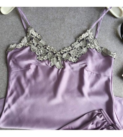 Sets Women's Silk Sleepwear Sexy Lace V-Neck Pyjama Short Sets Two-Pieces(P000005) - Purple - CW18H4EQLWY $11.47