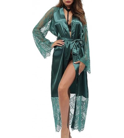 Robes Womens Long Robe Kimono Satin Gown Lingerie - Green - CX195ZQE5RZ $48.76