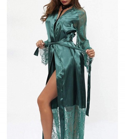 Robes Womens Long Robe Kimono Satin Gown Lingerie - Green - CX195ZQE5RZ $18.43
