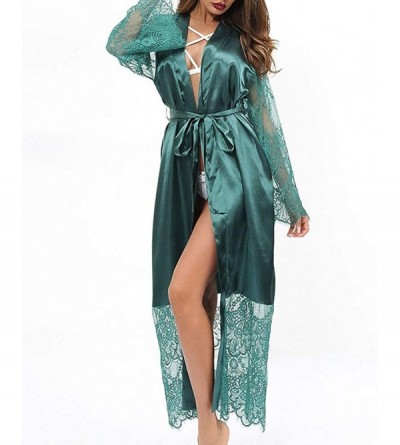 Robes Womens Long Robe Kimono Satin Gown Lingerie - Green - CX195ZQE5RZ $18.43