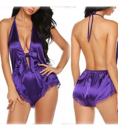 Baby Dolls & Chemises Silk Pajamas Sexy Satin Underwear Jumpsuit Bodysuit Teddy Lingerie Sleepwear - Purple - CK195AQ0WLM $10.88