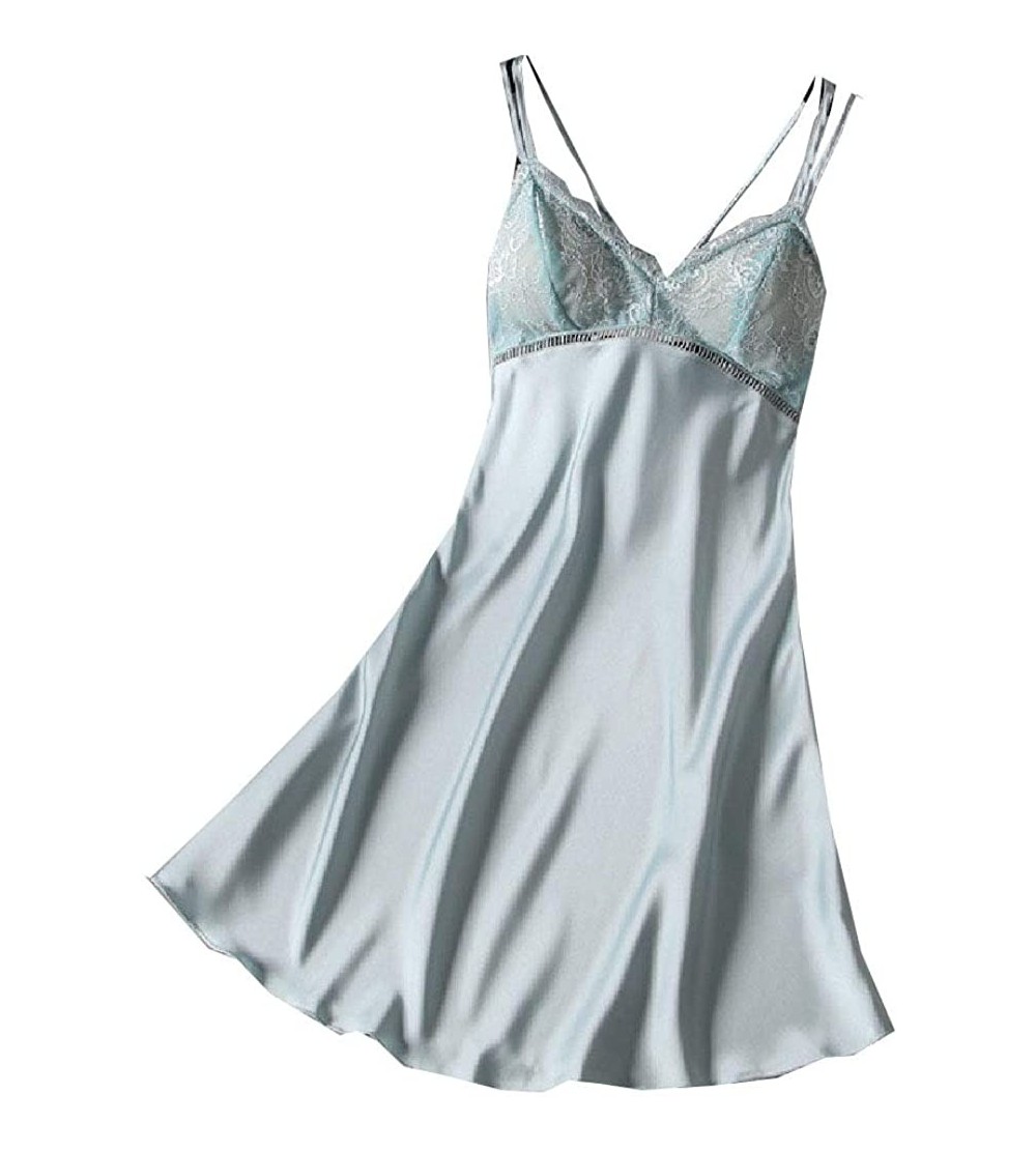 Nightgowns & Sleepshirts Women's Light Weight Charmeuse Silky Backless Sexy Sling Sleeping Dress - Lake Blue - CO199SM8N93 $2...