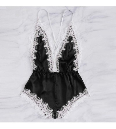 Sets Sleepwear-Fashion Sissy Women Lingerie Girl V-Neck Lace Splice Bodysuit - Black - C918NXX9X42 $9.25