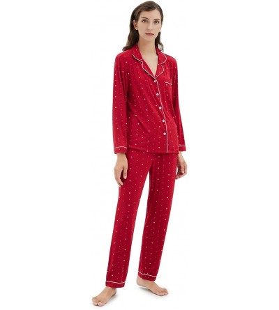 Sets Soft Womens Pajama Sets- Modal Long Sleeve Pajamas for Women- Button Down Sleepwear Pj Lounge Wear - Red With White Star...