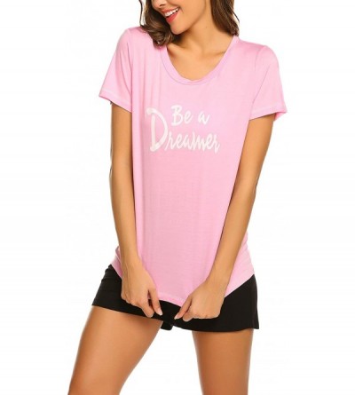 Sets Women's Short Pajamas Sets V-Neck Folds Short Sleeve Prints Lace Sleepwear Cute Nightwear Pjs - A-pink - C118N7496HK $22.21