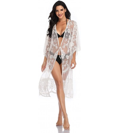 Robes Women Nightgown Bathing Suit Bikini Cover Up 3/4 Sleeve Sleepshirt Beachwear Open Front Sexy Robes for Lady 4 White - C...