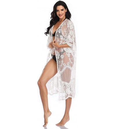 Robes Women Nightgown Bathing Suit Bikini Cover Up 3/4 Sleeve Sleepshirt Beachwear Open Front Sexy Robes for Lady 4 White - C...