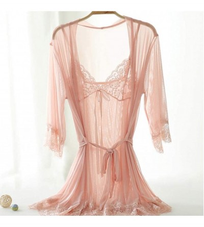 Nightgowns & Sleepshirts 3 Pcs Women's Long Chemise Nightgown Set Sexy Lace Babydoll Lingerie Bridal Eyelash Negligee(S-3XL) ...