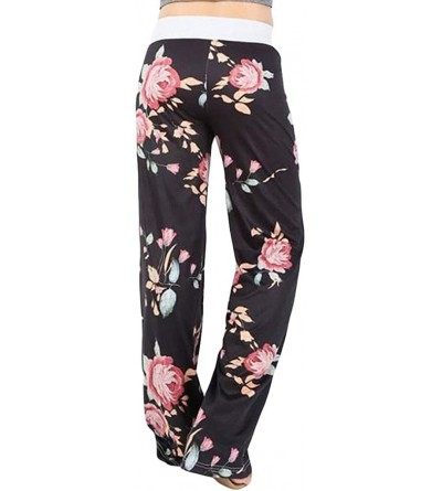 Bottoms Floral Prints High Waist Wide Leg Lounge Pants- Womens Comfy Stretch Leopard Print Drawstring Pants - D-black - C5194...