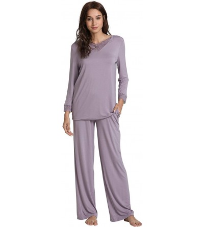 Sets Women's Long Sleeve Sleepwear Laced V Neck Bamboo Pajama Pants Set - Violet - CP180HMZZ8I $77.07