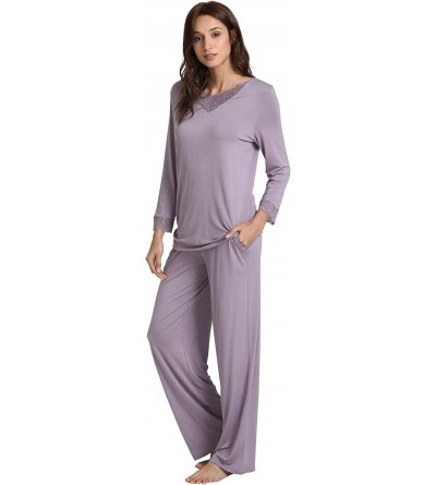 Sets Women's Long Sleeve Sleepwear Laced V Neck Bamboo Pajama Pants Set - Violet - CP180HMZZ8I $47.66
