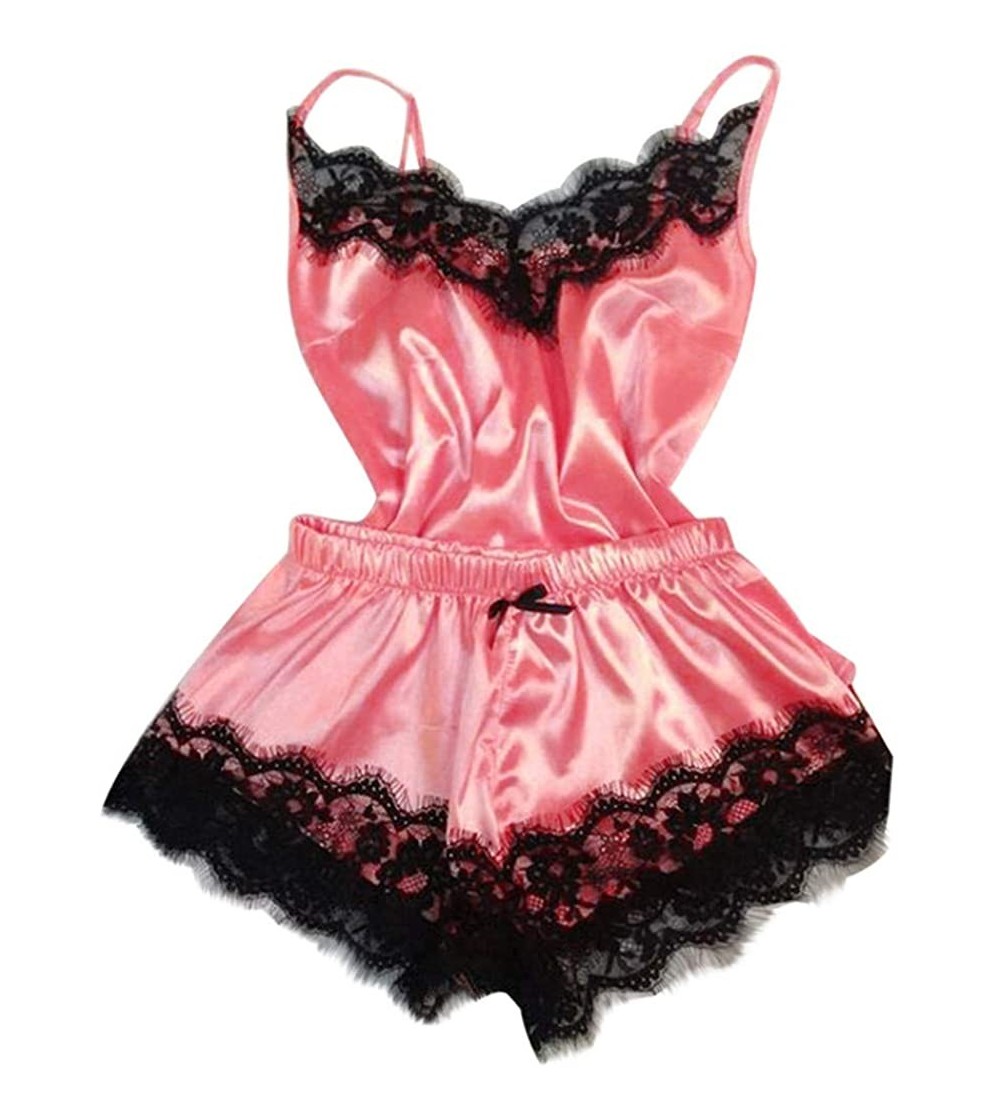 Nightgowns & Sleepshirts Cami Top Pajama Sets for Women-Sexy Satin Lingerie Bowknot Lace Trim Soft Sleepwear- Babydoll Teddy ...
