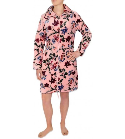 Robes Sesoire Women's Robe - Short Fleece Zipper Robe with Long Sleeves - Pink Botanical - CI18Z3E4NXU $12.17