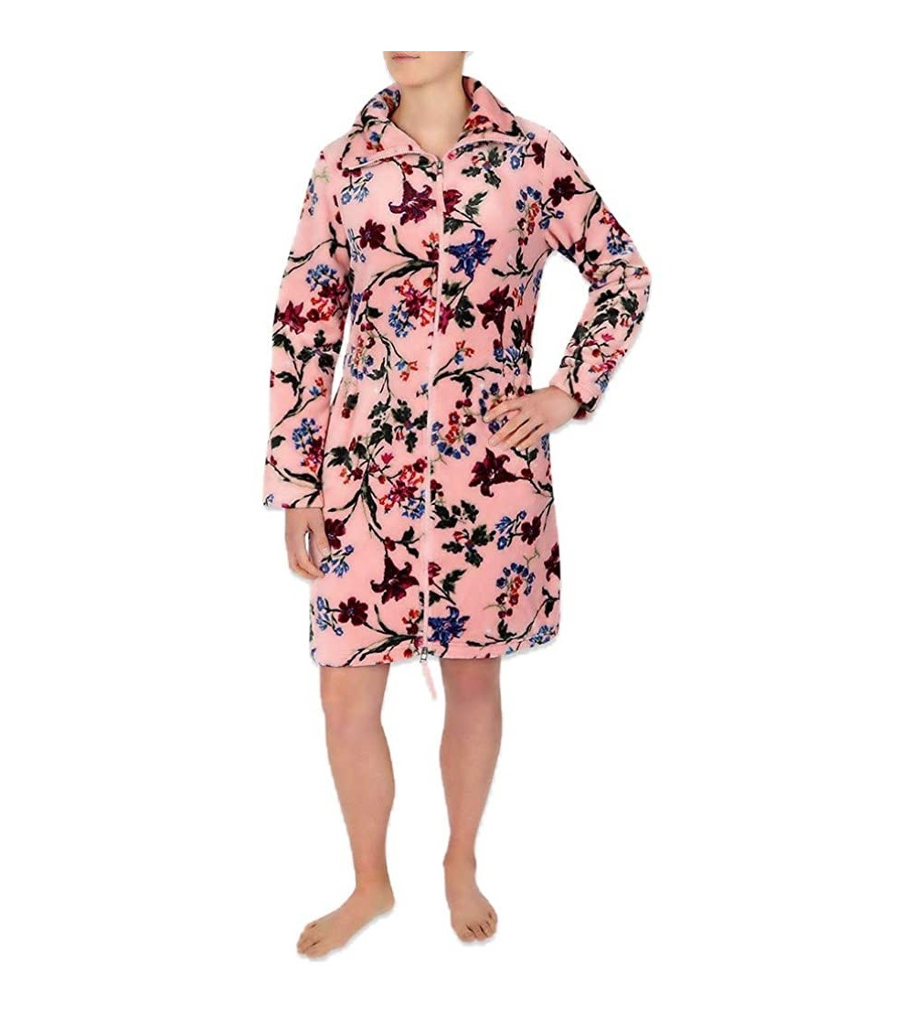 Robes Sesoire Women's Robe - Short Fleece Zipper Robe with Long Sleeves - Pink Botanical - CI18Z3E4NXU $12.17