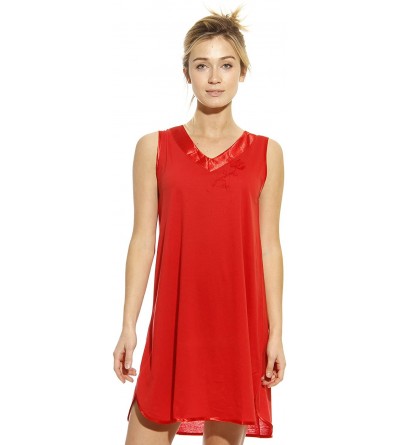 Nightgowns & Sleepshirts Double V Nightgown with Floral Embroidery & Satin Trim - Red - CO12N41E2WM $17.77