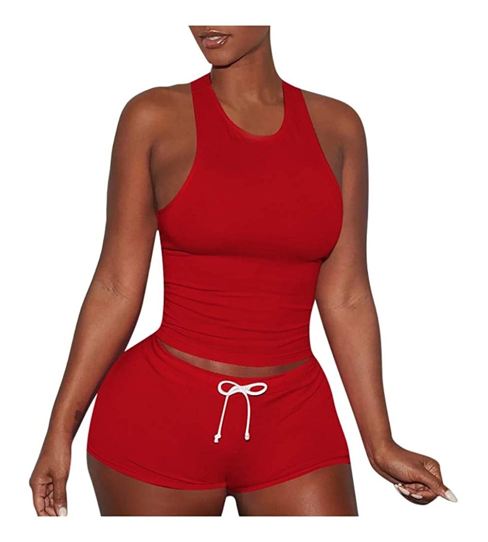 Thermal Underwear 2Pcs Tracksuit Set Women Short Sleeve Casual Short Pants Casual Outfit Sportswear - A-red - CR199ET435A $18.61
