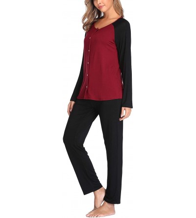 Sets Women Pajama Sets Soft Long Sleeve Button up for Breastfeeding with Pockets - Black/Wine Red - CS18ZID7K44 $15.79