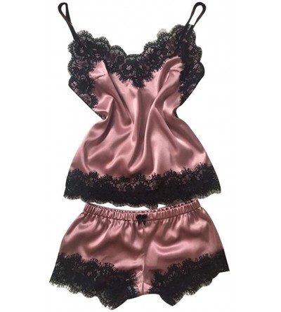 Sets Women's Satin Pajama Cami Set Silky Lace Nightwear 2 Piece Lingerie Short Sleepwear - Hot Pink - CO18UA8KD4X $13.49