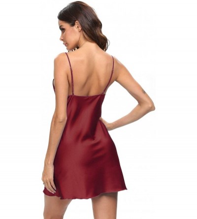 Sets Women Sexy Lingerie Chemise Satin Lace Silk Slips Nightwear V-Neck Babydoll Nightgown Dress - Wine Red - CA194X7SHEN $15.15