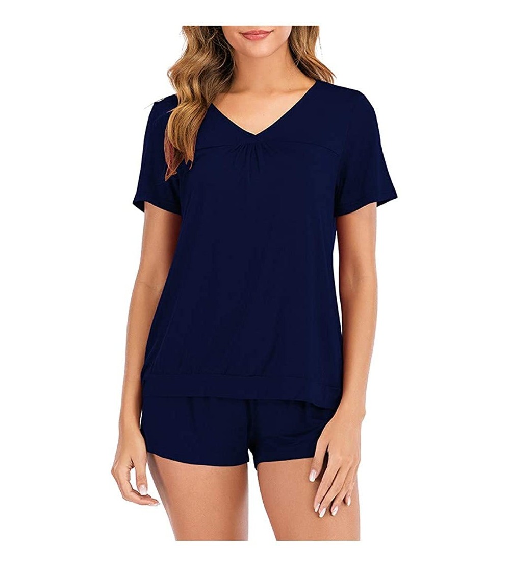 Sets Sleepwear Womens Short Sleeve V Neck Basic T Shirt Loose Nightshirt Sleepwear Tops+Shorts Pants House Suit Navy - CF190H...