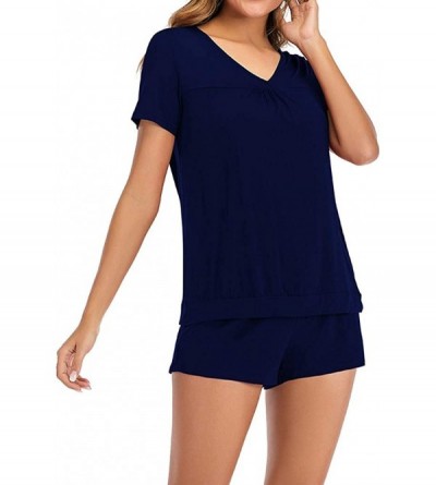 Sets Sleepwear Womens Short Sleeve V Neck Basic T Shirt Loose Nightshirt Sleepwear Tops+Shorts Pants House Suit Navy - CF190H...