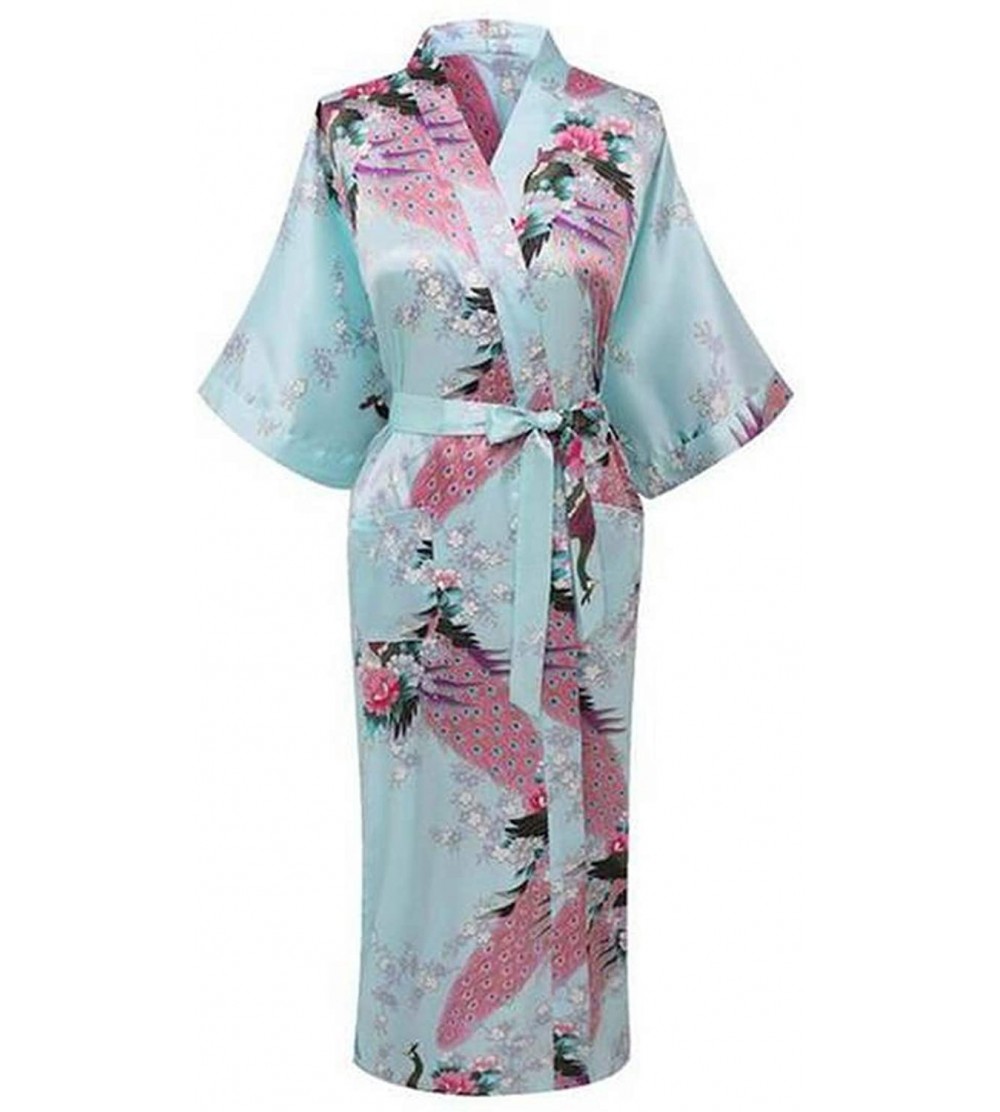 Robes V Neck Nightwear Casual Wedding Party Robe Print Women Kimono Gown Sleepwear Satin Long Bathrobe Home Pajamas Blue B - ...