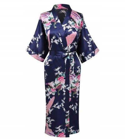 Robes V Neck Nightwear Casual Wedding Party Robe Print Women Kimono Gown Sleepwear Satin Long Bathrobe Home Pajamas Blue B - ...