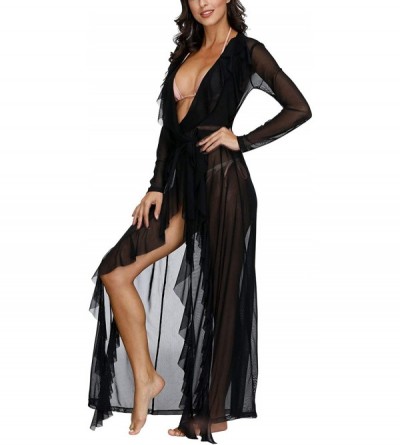 Robes Women's Sexy Long Sleeve Swimsuit Beach Tie Front Maxi Robe Cover Up - Black - CA190AZI4AW $28.17