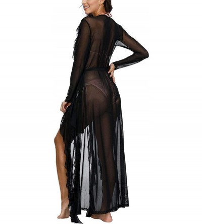 Robes Women's Sexy Long Sleeve Swimsuit Beach Tie Front Maxi Robe Cover Up - Black - CA190AZI4AW $28.17