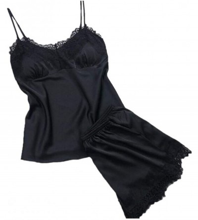 Nightgowns & Sleepshirts Sleeveless Strap Pajama Sets Nightwear Women Lace Trim Sleepwear Satin Cami Tops - A Black - CT18LD7...