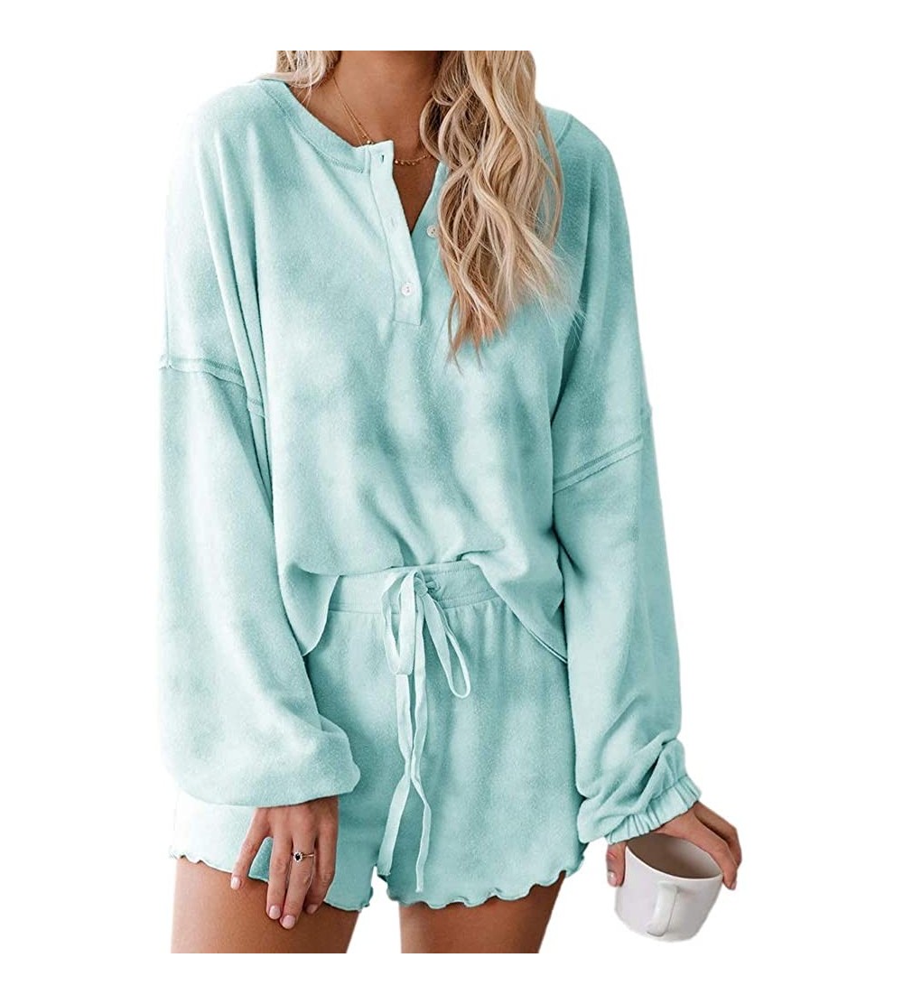 Sets Womens Tie Dye Print Long Sleeve Loungewear Nightwear Sof 2 Piece Short Pajamas Set - Green - CW1986S455K $34.30