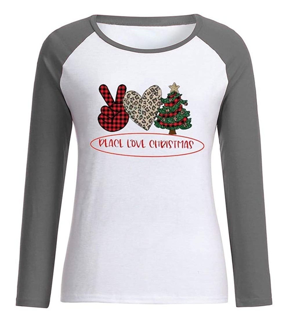 Thermal Underwear Peace Love Christmas Long Sleeve Top Women's Mosaic Contrast Letter Print T-Shirt - Gray - CM18ZZZI5R5 $19.31