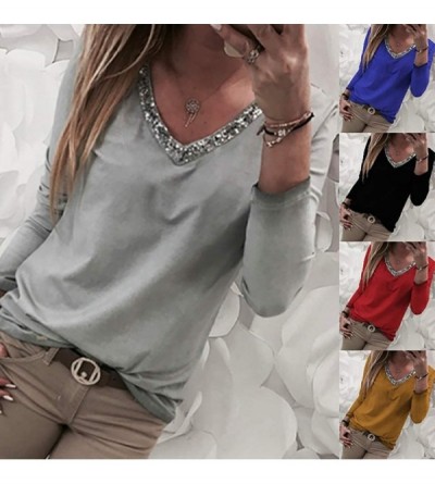 Accessories Fashion Women's T-Shirt V-Neck Sequined Long-Sleeve Blouse T-Shirt Tops - Gray - CL18ND8CHN7 $13.78