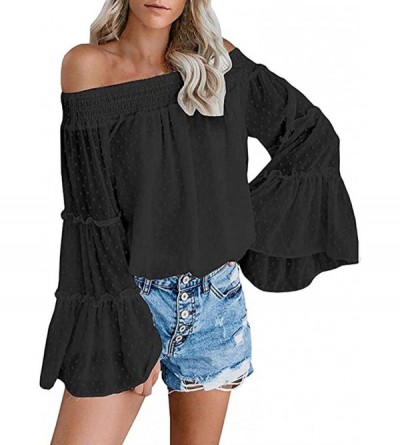 Tops Blouse Long Sleeve Shirt- Women's Striped Off Shoulder Bell Sleeve Shirt Tie Knot Casual Blouses Tops - B-black - CR18Y5...
