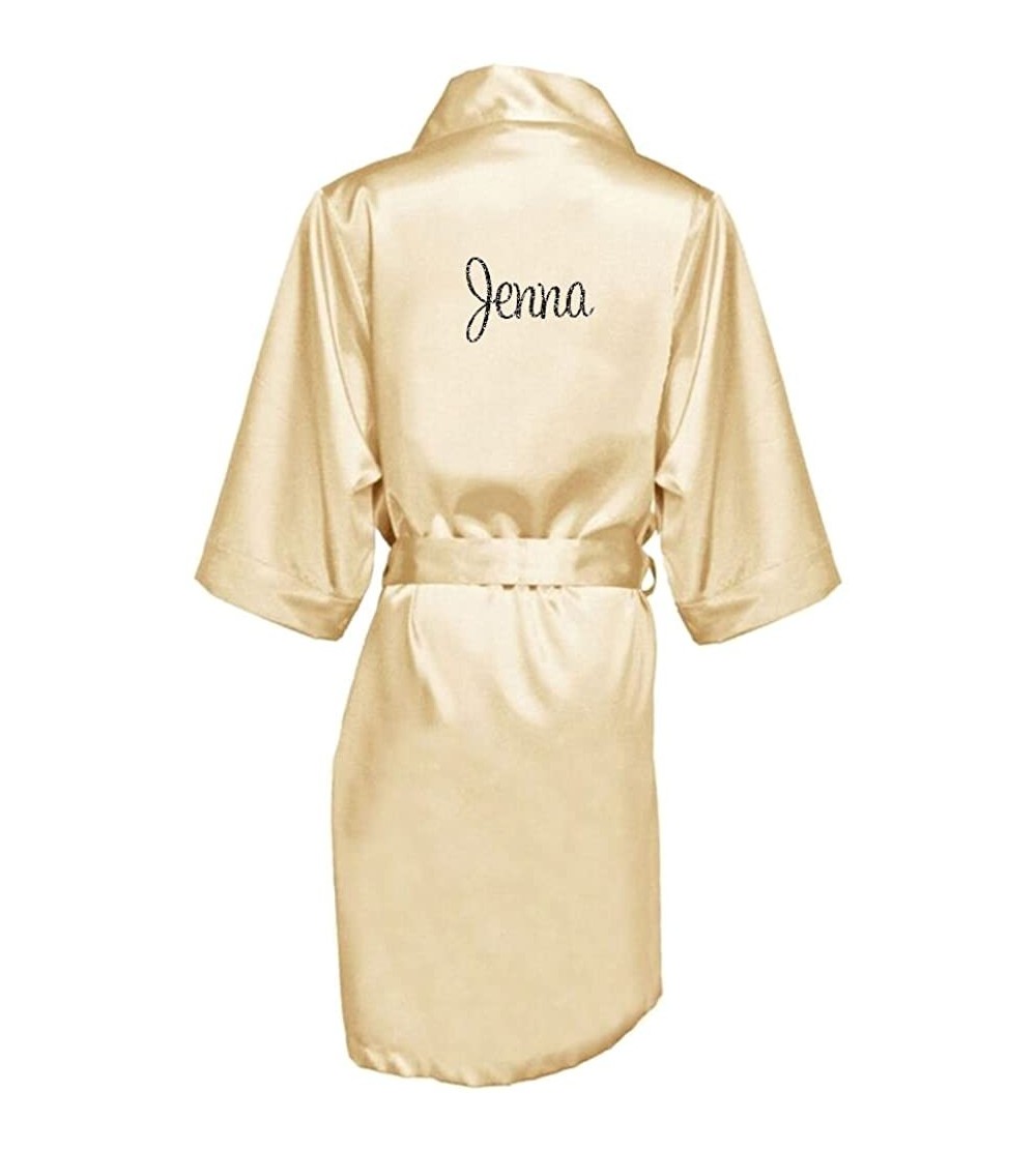 Robes Women's Personalized Glitter Print Satin Robe Name or Phrase - Bride & Bridesmaid Kimono Robe - Champagne - C9182IUEE37...
