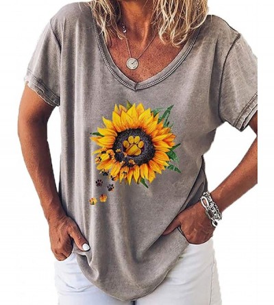 Sets Dog Footprints Short Sleeve T Shirt Women Casual Loose Tops Print Sunflower Blouse - A Gray - CU1983CSC8G $15.94