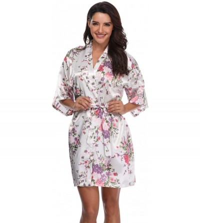 Robes Women's Floral Short Satin Bridesmaid Robes Silky Bride Robes Getting Ready - White Floral - CD18X4U3762 $8.47