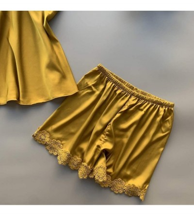 Sets Women's Satin Pajamas Lace Cami Top and Shorts Silk Sleepwear Set 2 Piece Nightwear with Chest Pads - Yellow - CZ193ZQGK...