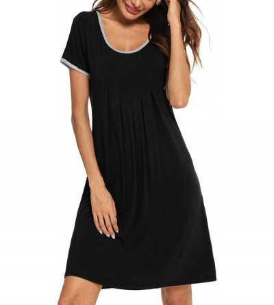 Nightgowns & Sleepshirts Women's Sleepwear Short Sleeve Nightdress Soft Sleep Dress Pleated Scoopneck Nightshirt - Black - CR...