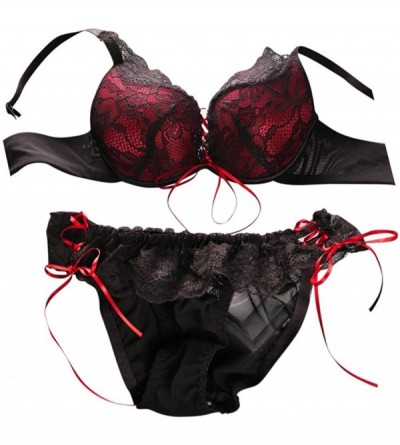 Bras Women's Lace Push Up Bra and Panty Set 3/4 Cup Underwire Bra Set with Drawstrings - Black + Red - C518E87KQUM $13.62