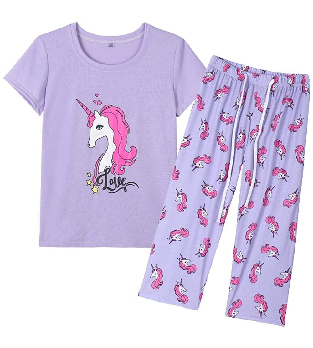 Sets Women's Short Sleeve Tops and Capri Pants Cute Cartoon Print Pajama Sets - Purple - CD18KKUC2YS $18.69