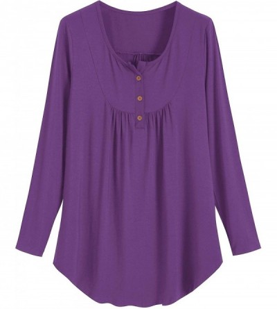 Tops Women's Long Sleeve Loungewear Shirt Pleated Pj Top - Purple - CY18ALUMU80 $16.25