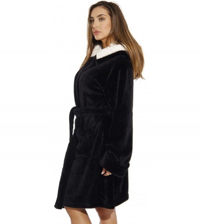 Robes Hooded Velour Robe for Women with Sherpa Lined Hood - Black - CG183C6GA96 $30.85