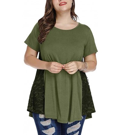 Bras Womens Plus Size Loose Blouse Lace Splice Short Sleeve O-Neck Casual Shirt Tops Tunics - Army Green - CO193K4KCRO $19.26