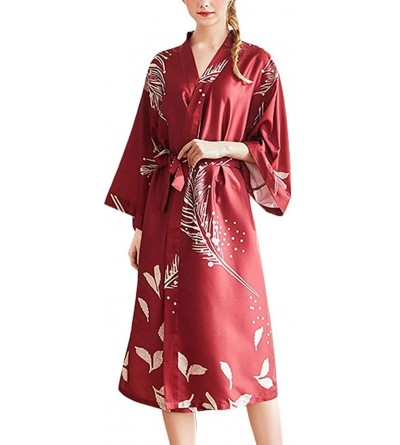 Robes Women's Satin Robe Long Kimono Bathrobe Short Sleeve V-Neck Nightgown - Wine - C618Q0R9KO7 $30.14