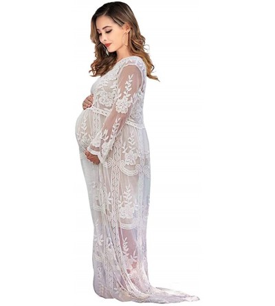 Nightgowns & Sleepshirts Women's Long Sleeve V Neck White Lace Floral Maternity Gown Maxi Photography Dress - White - CP18HDH...